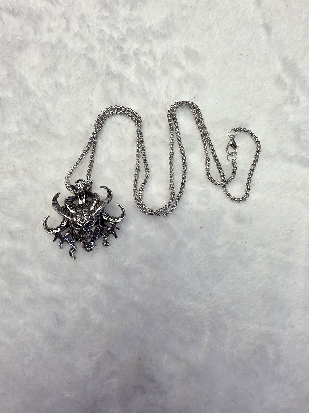 Silver-Tone Gothic Horned Skull Pendant Necklace